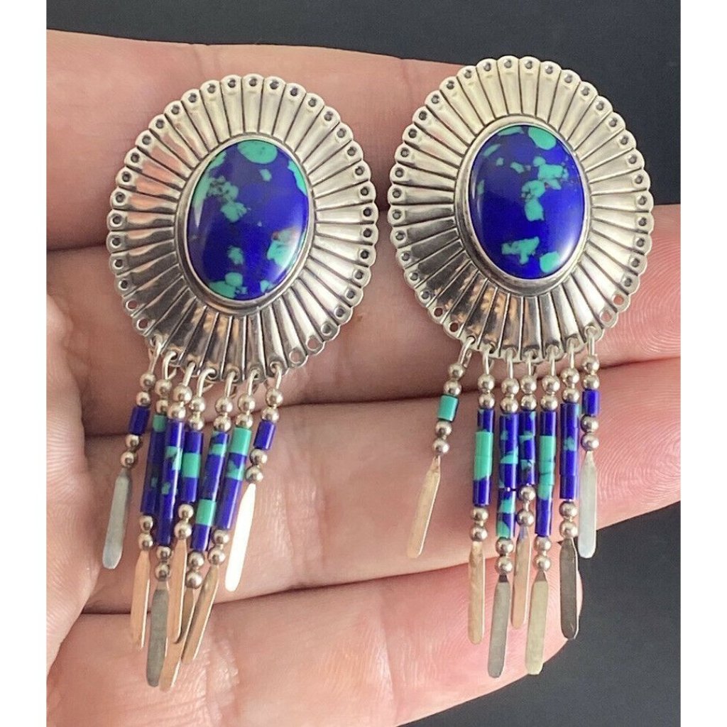 Vintage Sterling Silver Azurite Malachite Earrings Dangle Ornate Fine